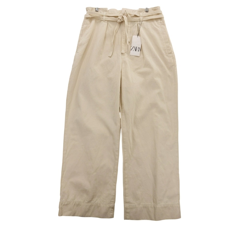 ZARA Women Beige‎ Paperbag Waist Wide Leg Crop Pants Trousers XL Natural Canvas